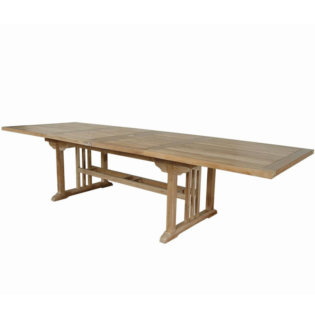 Double Extendable Table, Rectangular, Teak Wood Brand: Anderson Teak; Size: 126inW x 43inD x 29inH Weight: 190lb; Shape: Rectangular; Material: Teak Wood Seating Capacity: Seats 10-12 people; Color: Neutral teak color; light wood TBX-126RD