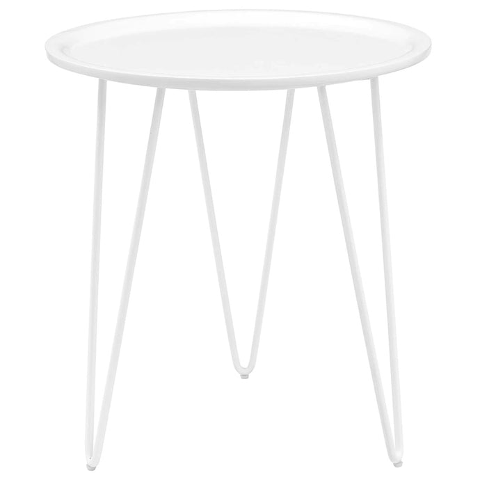 Digress | Simple White Round End Table, Fiberboard Top, Steel Hairpin Legs, EEI-2677-WHI