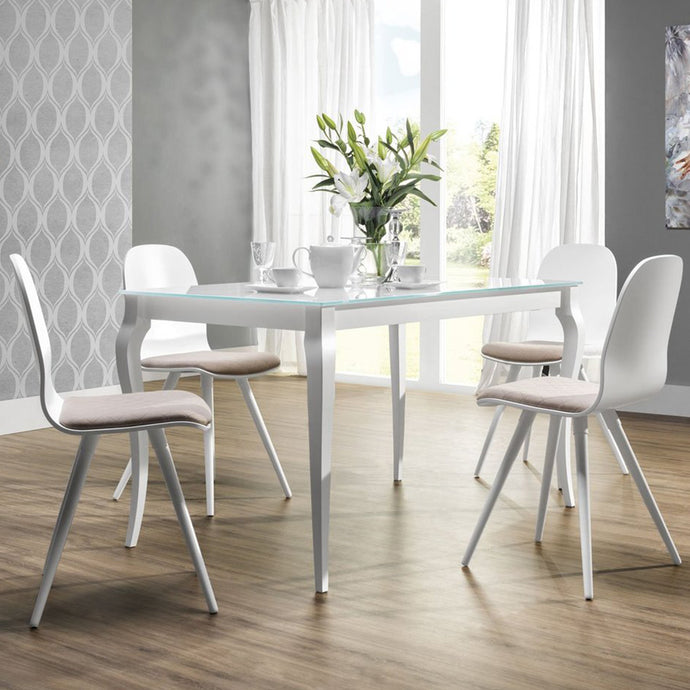Bresso | Extendable Dining Table With Wood And Glass Top, Rectangular, Tempered Glass Top, Beech Wood Base, DT0001 Brand: Maxima House Size: 55.1inW x  31.5inD x  30inH, Extended: 74.8inW x  31.5inD x  30inH Weight: 115lb, Shape: Rectangular, Material: Top: Tempered Glass, Base: Beech Wood,  Seating Capacity: Seats 4-6 people, Color: White