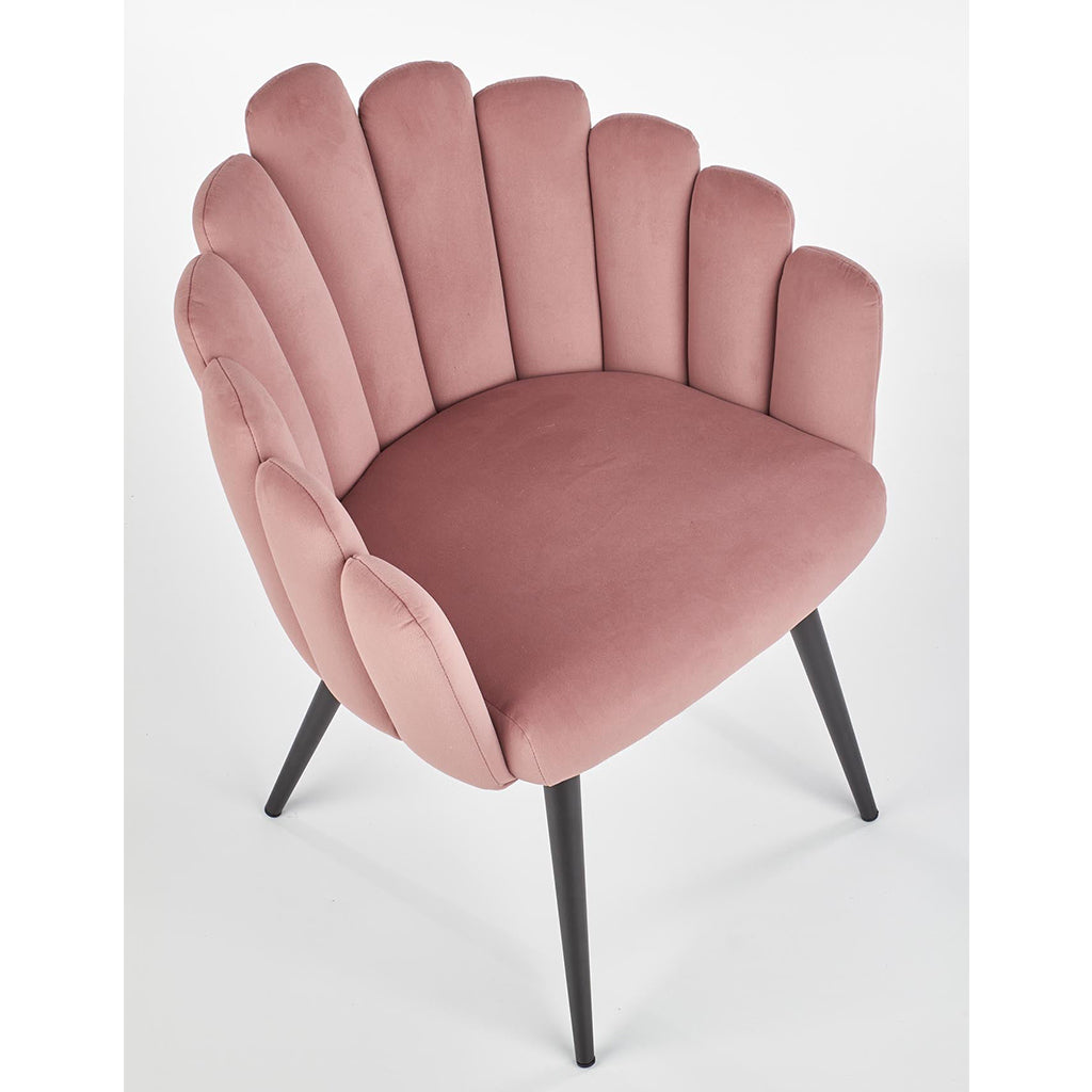 Dusty rose dining chair with fabric upholstery and sleek powder-coated steel legs