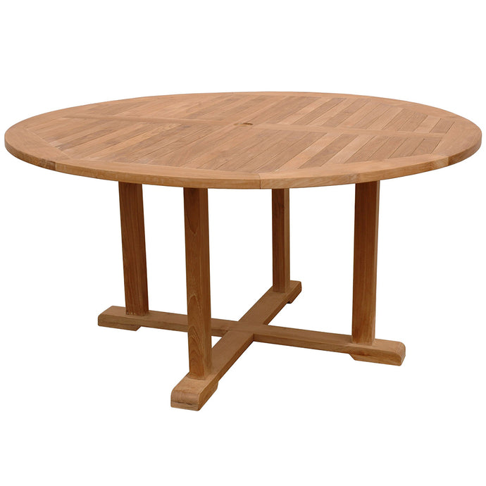 5-Foot, Round Teak Wood Table Brand: Anderson Teak Size: 59inW x 59inD x 29inH; Weight: 100lb; Shape: Round; Material: Teak Wood Seating Capacity: Seats 4-6 people ; Color: Neutral teak color; light wood TB-005RF