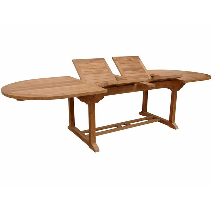 Extendable Dining Table Seats 10, Outdoor Table, TBX-117VD Brand: Anderson Teak; Size: 117inW x 43inD x 29inH Weight: 185lb; Shape: Oval; Material: Teak Wood Seating Capacity: Seats 10 people; Color: Neutral teak color; light wood