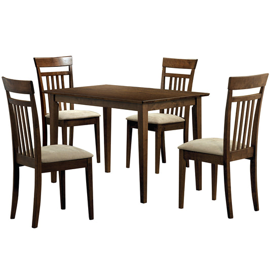 Wooden Dining Table Set For 4, Rectangular, Walnut Wood, 332657 Brand: Homeroots, Table Size: 47.25inW x 29.5inD x 30inH, Chair Size: 17inW x 19.5inD x 38.5inH, Seat Height: 17in, Table Shape: Rectangular, Material: MDF & Solid Walnut Wood, Seating Capacity: Seats 4, Color: Walnut Wood Color