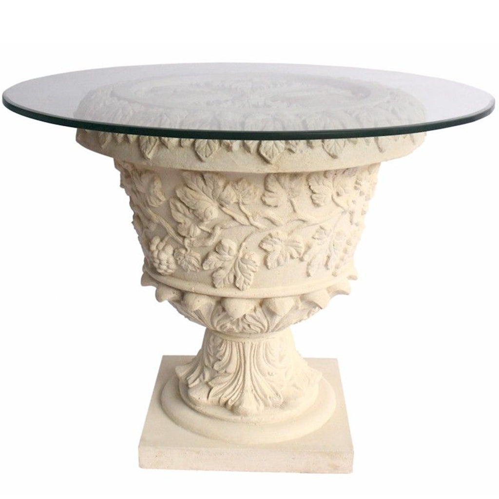 French Table Entrance Round Table, Ornate Base Glass Top, TB-G2626-36 Brand: Anderson Teak, Size: 36inW x 36inD x 26inH, 26inW x 26inD x 26inH (Base), Weight: 145lb, Shape: Round 