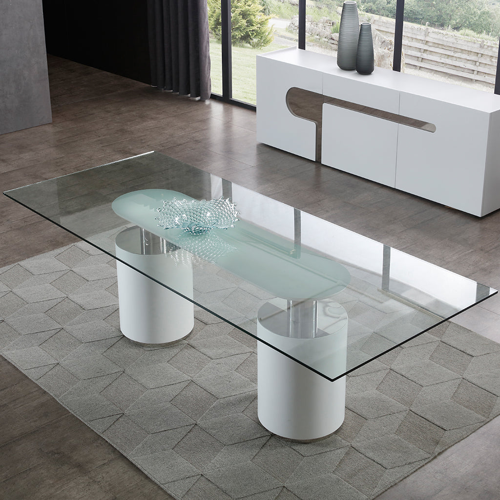 Mandarin | Modern Marble Dining Table, Extendable Glass Top, DT1660-WHT Size: 94inW x 39inD x 30inH; Weight: 372lb; Shape: Rectangular; Material: Top: 1/2" Tempered Glass; Base: Marble with Polished Stainless Steel Legs; Seating Capacity: Seats 6-8 people; Color: White Base