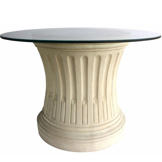 Louis XVI | Fluted Entry Table, Round, Limestone Base, Glass Top, TB-R2829-42 Brand: Anderson Teak  Size: 28inW x 28inD x 29inH (Base); 42″W 42″W 0.5″T (Glass Top) Weight: 115lb; Shape: Round  Material: Base: Limestone; Top: 3/8" thick glass; Color: White Natural Limestone Color