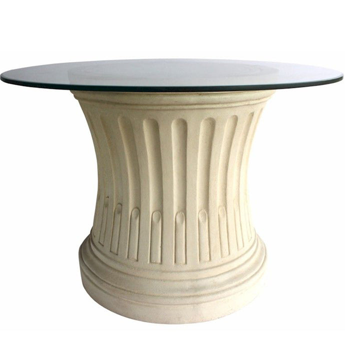 Louis XVI | Fluted Entry Table, Round, Limestone Base, Glass Top, TB-R2829-42 Brand: Anderson Teak  Size: 28inW x 28inD x 29inH (Base); 42″W 42″W 0.5″T (Glass Top) Weight: 115lb; Shape: Round  Material: Base: Limestone; Top: 3/8