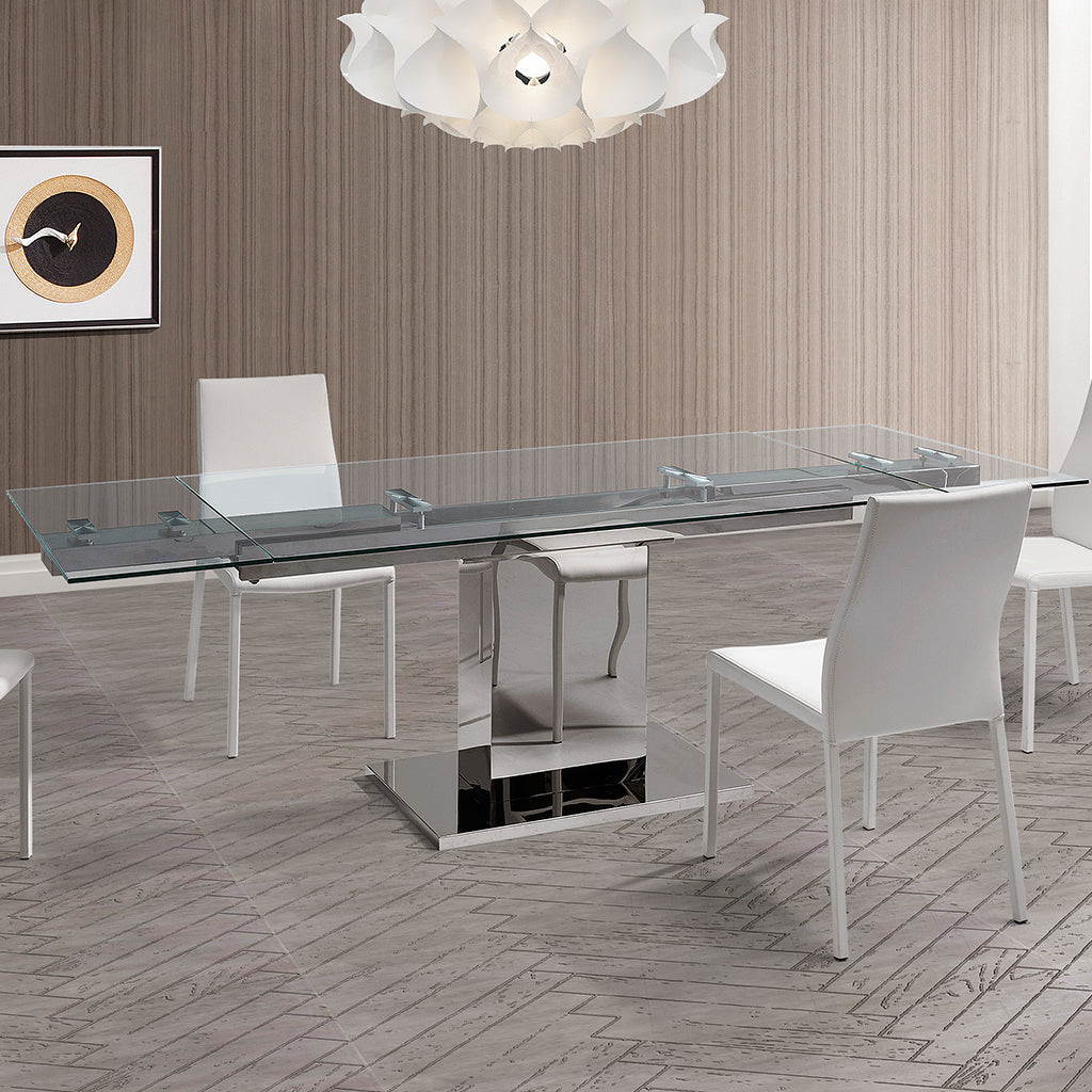 Extendable Glass Dining Room Table, Rectangular, Steel Table Base, 1/2" Tempered Clear Glass Top, DT1233 Brand: Whiteline Modern Living Size: 55inW x 35inD x 30inH; Extended: 83inW x 35inD x 30inH Weight: 266lb; Shape: Rectangular Material: Top: 1/2" Tempered Clear Glass; Base: Stainless Steel Seating Capacity: Seats 6-8 people; Color: Stainless Steel Color