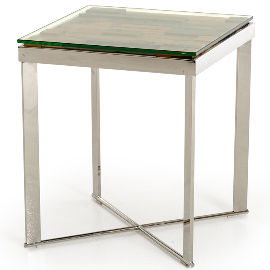 Mosaic Wood End Table, Glass Top, Stainless Steel Frame, 283176