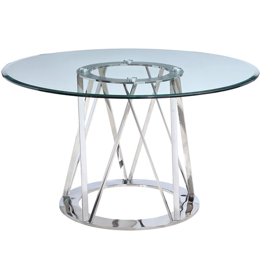 Hanover | Round Table Glass Top, Tempered Glass Beautiful Table Base, DT1468 Brand: Whiteline Modern Living; Size: 51inD x 29inH; Weight: 158lb Shape: Round; Material: Top: 1/2" Tempered Glass; Base: Polished Stainless Steel Seating Capacity: Seats 2-4 people; Color: Stainless Steel