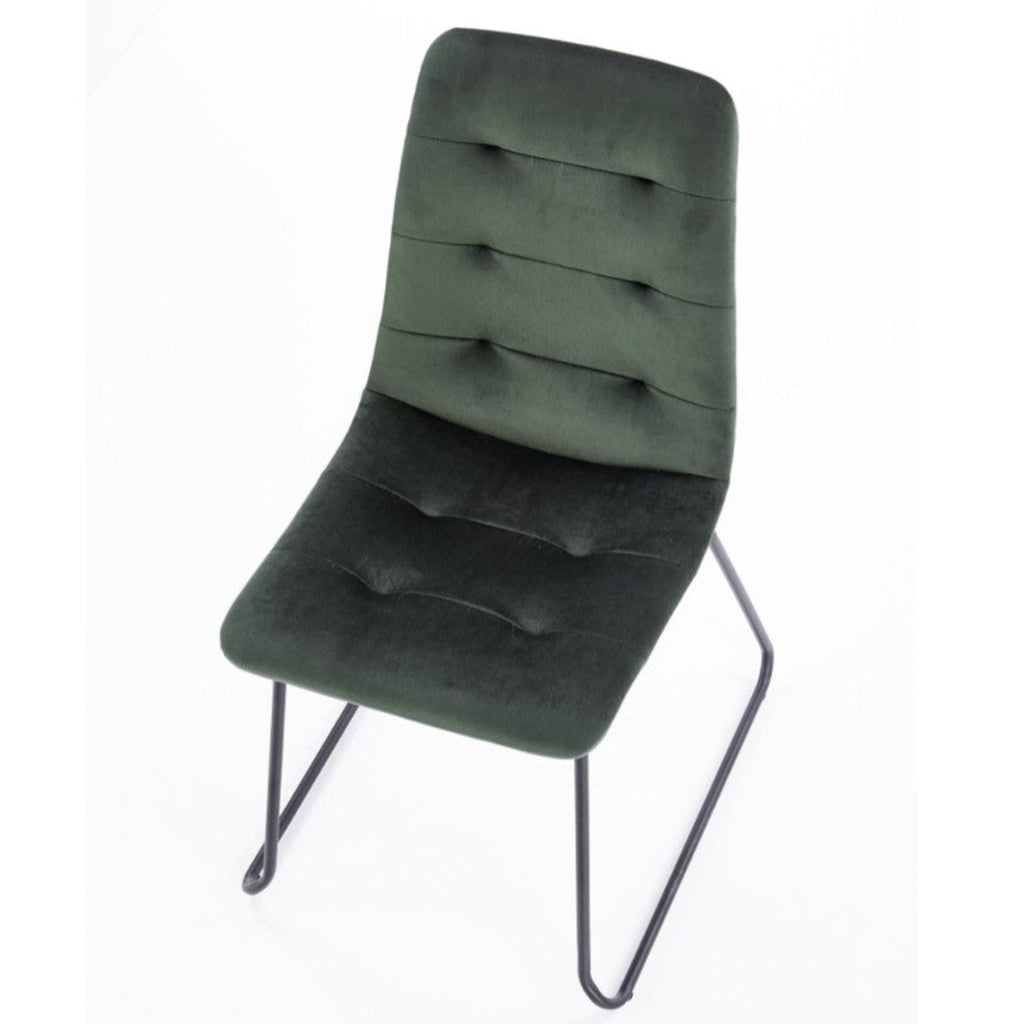 Green dining chairs with dark green fabric upholstery and powder-coated steel legs