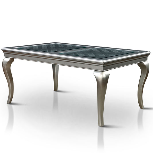 84" Polara | Carved Wood Dining Table, Glass Top, Polished Gray, IDF-3219GY-T