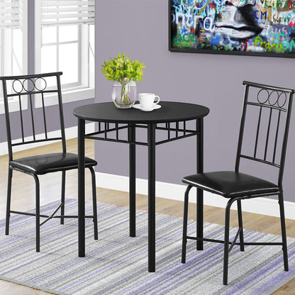 Black Compact Round Dining Set For 2, Dining Table & 2 Chairs Black Faux Leather, 332564, Brand: Homeroots, Table Size: 30inW x 30inD x 30inH, Chair Size: 17inW x 17.5inD x 35.5inH, Seat Height: 18in, Table Shape: Round, Material: Polyurethane Board & Metal Base, Faux Leather With Metal Base Chairs, Seating Capacity: Seats 2, Color: Black