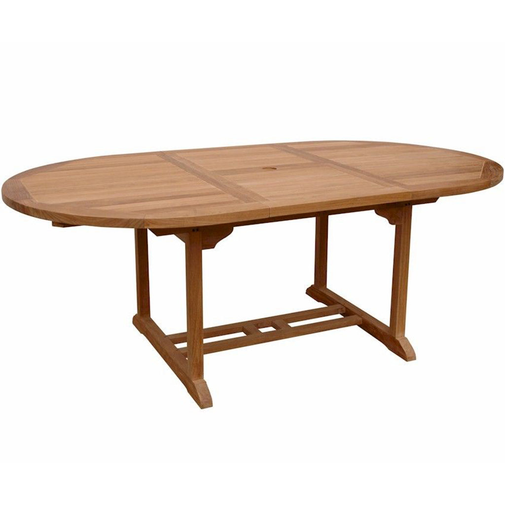 71" Teak Wood Dining Table, Extendable Table Brand: Anderson Teak; Size: 71inW x 47inD x 29inH Weight: 133lb; Shape: Round, Oval; Material: Teak Wood TBX-071VT