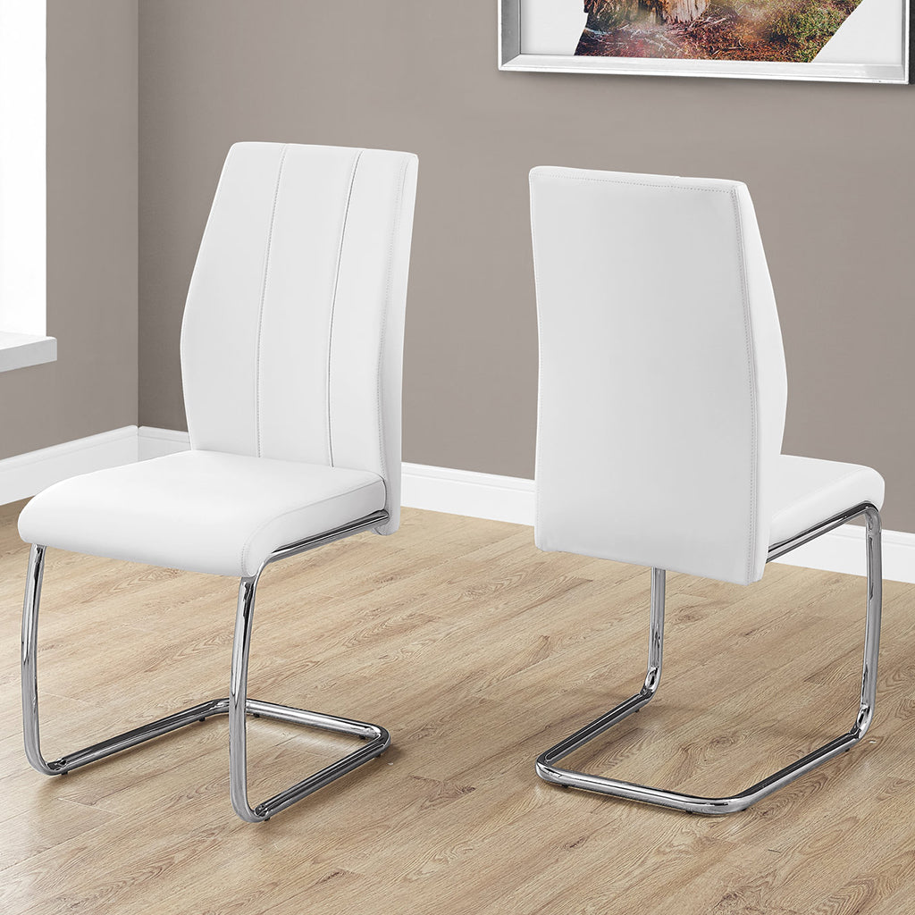 Set of 2 Dining Chairs, White Faux Leather, Chrome Frame, 332601