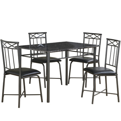 Indoor Dining Set, Rectangular Table & 4 Chairs, MDF & Metal Base, 332578 Brand: Homeroots, Table Size: 47.25inW x 29.5inD x 30inH, Chair Size: 17inW x 19.25inD x 35.5inH, Seat Height: 16.25in, Table Shape: Rectangular, Material: MDF & Metal Base, Faux Leather Seat With Metal Base Chairs, Seating Capacity: Seats 4, Color: Black & Dark Gray