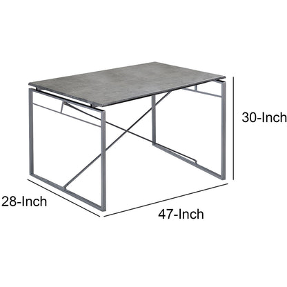 Benzara Metal Base Table, Rectangular, Wooden Top, Gray and Silver, BM209581 Size: 47inW x 28inD x 30inH Weight: 33lb; Shape: Rectangular; Material: Solid Wood, Veneer and Metal Seating Capacity: Seats 2-4 people; Color:  Gray and Silver