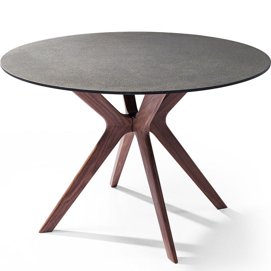 Redondo | 47 Round Modern Dining Table For 4, Glass & Stone Top, Wooden Base, DT1241-WLT Brand: Whiteline Modern Living; Size: 47inD x 30inH; Weight: 108lb; Shape: Round Material: Top: Glass & Stone; Base: Walnut Veneer; Seating Capacity: Seats 2-4 people