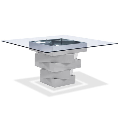 Carson | Glass Square Table, Geometric Base With Mirrors, DT1402-GRY  Brand: Whiteline Modern Living Size:  59inW x 59inD x 30inH; Weight: 298lb, Shape: Square, Material:  Top: 1/2in Clear Glass; Base: High gloss gray lacquer geometric base with mirrors Seating Capacity: Seats 2-4 people; Color: Gray