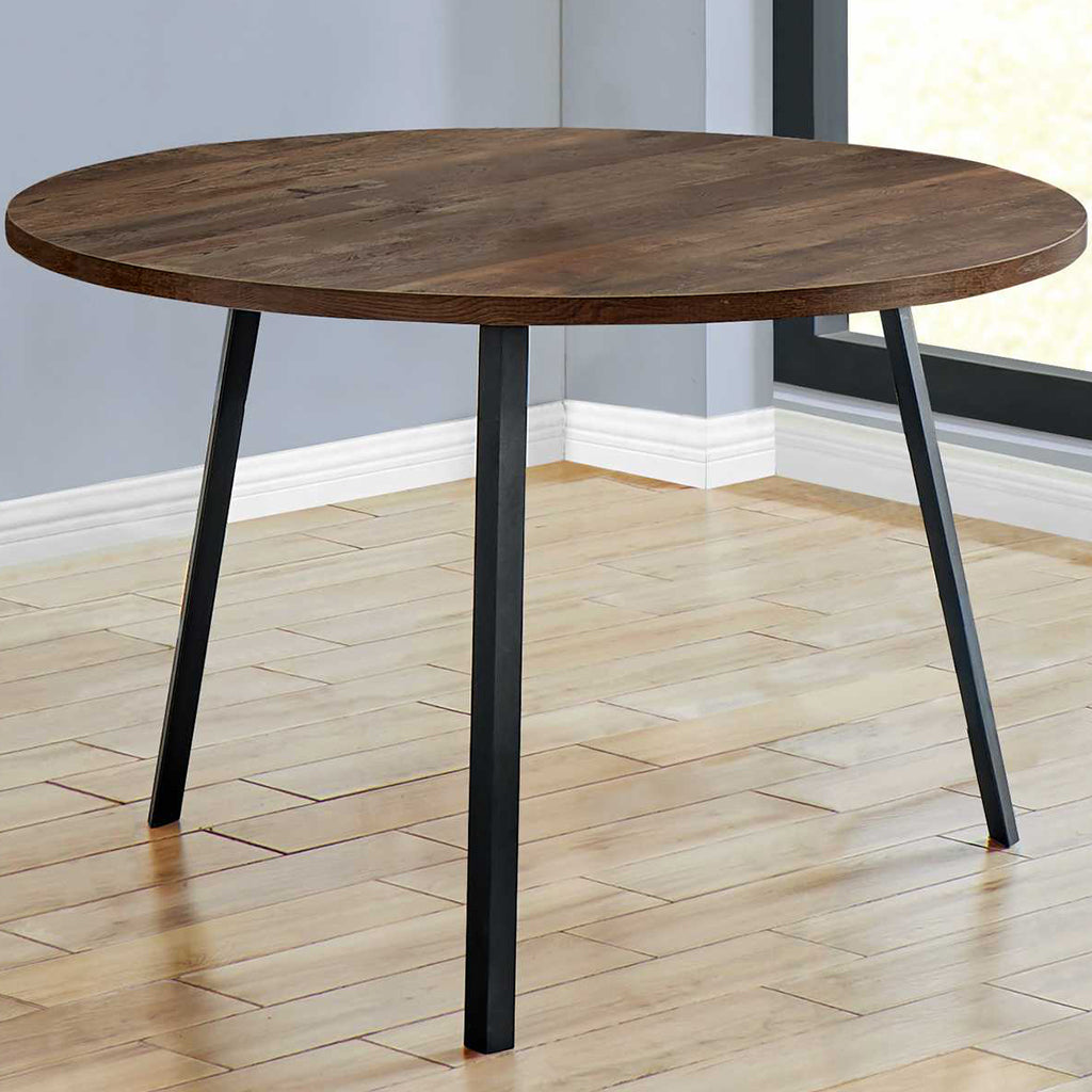 47" Round Wooden Dining Table For 4, Reclaimed Wood, Metal Legs, Contemporary, 4512822898018, Brand: Homeroots, Size: 47.25inW x 47.25inD x 29.5inH, Weight: 48lb, Shape: Round, Material: Top: Reclaimed Wood, Legs: Metal, Seating Capacity: Seats 2-4 people, Color: Top: Brown, Base: Black