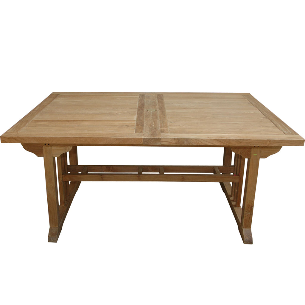 Sahara Teak Extendable Table, Extendable Dining Table Seats 12, Rectangular, TBX-106RD Brand: Anderson Teak; Size: 106inW x 43inD x 29inH Weight: 170lb; Shape: Rectangular; Material: Teak Wood Seating Capacity: Seats 10-12 people; Color: Neutral teak color; light wood