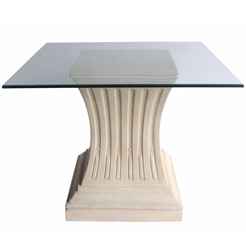 Legacy Square Stone Entry Table, Limestone Base, Glass Top, TB-G1922-36 Brand: Anderson Teak, Size: 36inW x 36inD x 29inH, 18.5inW x 18.5inD (Base), Weight: 130lb, Shape: Square, Material: Base: Limestone, Top: 3/8" thick glass