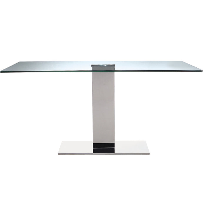 Tempered Glass Top, Stainless Steel Frame Dining Table, Rectangular Brand: Whiteline Modern Living Size: 63inW x 35inD x 30inH, Weight: 181lb, Shape: Rectangular Material: Top: Clear Tempered Glass; Frame: Polished Stainless Steel Seating Capacity: Seats 4-6 people; Color: Stainless Steel Base, DT1418