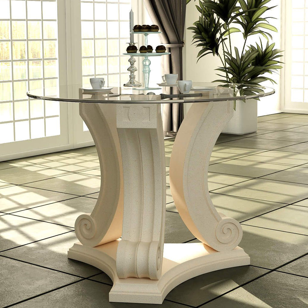 Glass Entry Table, Round, Limestone Base, Glass Top TB-G3429-42 Brand: Anderson Teak  Size: 34inW x 34inD x 29inH (Base); 42″W 42″W (Glass Top) Weight: 150lb; Shape: Round; Material: Base: Limestone ; Top: 3/8" thick glass; Color: White Natural Limestone Color