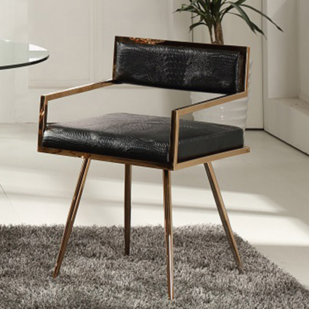 1 Leather Dining Chair, Golden Color Stainless Steel Legs, 284253, Master Category: Indoor Furniture, Dining Chair, Brand: Homeroots, Size: 19inW x 20inD x 30inH, Weight: 27.3lb, Material: Leather Padded Stainless Steel Frame, Color: Black & Golden