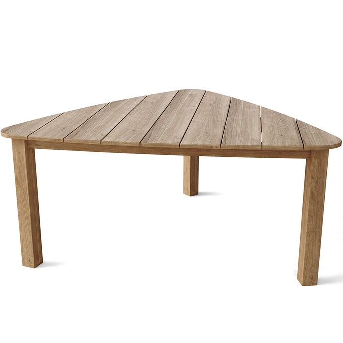Outdoor Space Saver Triangle Table, Teak Wood, TB-676 Brand: Anderson Teak ; Size: 67inW x 67inD x 30inH Weight: 100lb; Shape: Triangle; Material: Teak Wood Seating Capacity: Seats 4-6 people; Color: Neutral teak color; light wood