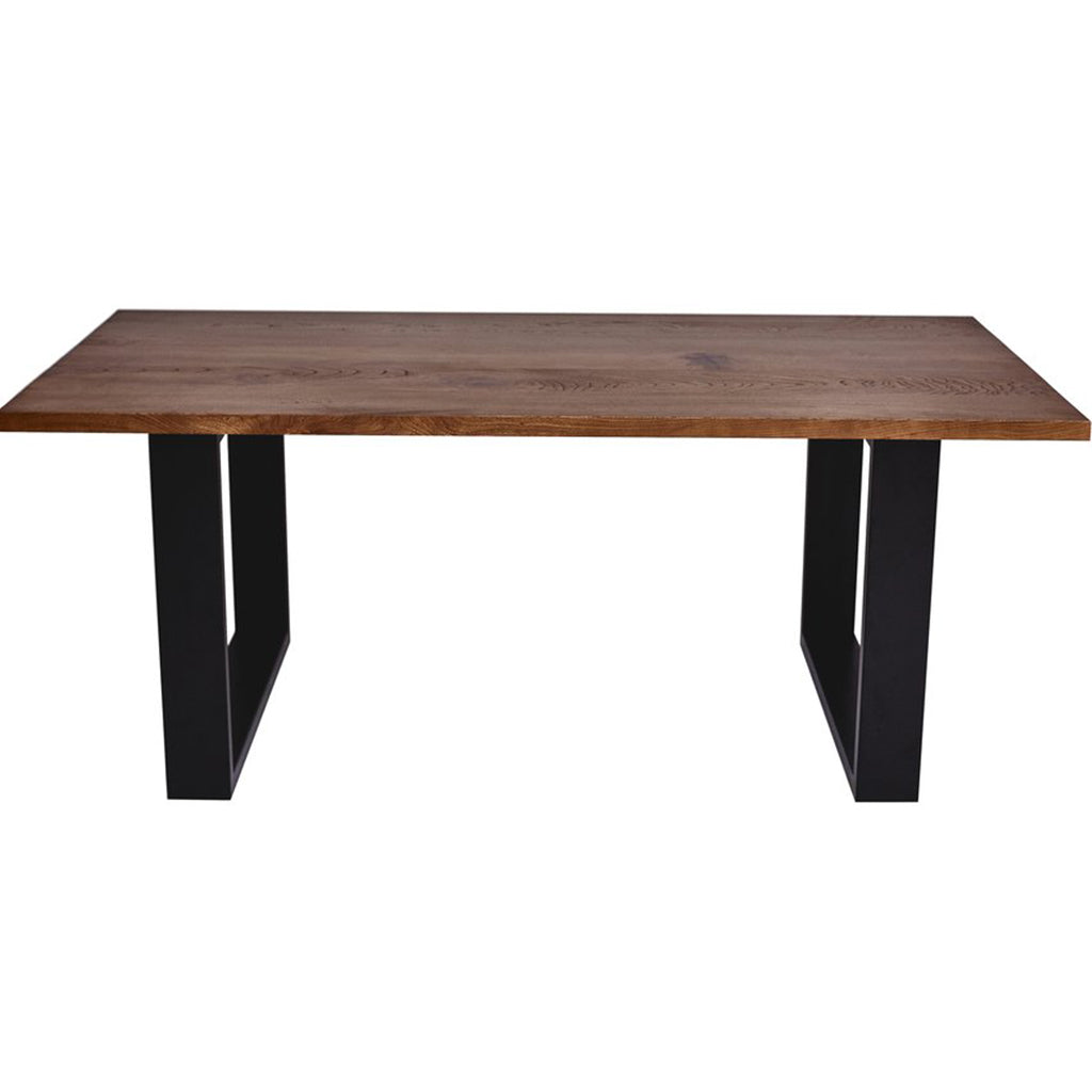 Napoli | Solid Wood Table With U Shape Metal Legs For 8, Rectangular, Solid Oak Wood, MH006 Brand: Maxima House, Size: 74.4inW x  38.9inD x  29.5inH, Weight: 145.4lb Shape: Rectangular, Material: Top: Solid Oak Wood, Legs: Metal Seating Capacity: Seats 6-8 people, Color: Top: Dark Wood Color, Base: Black 