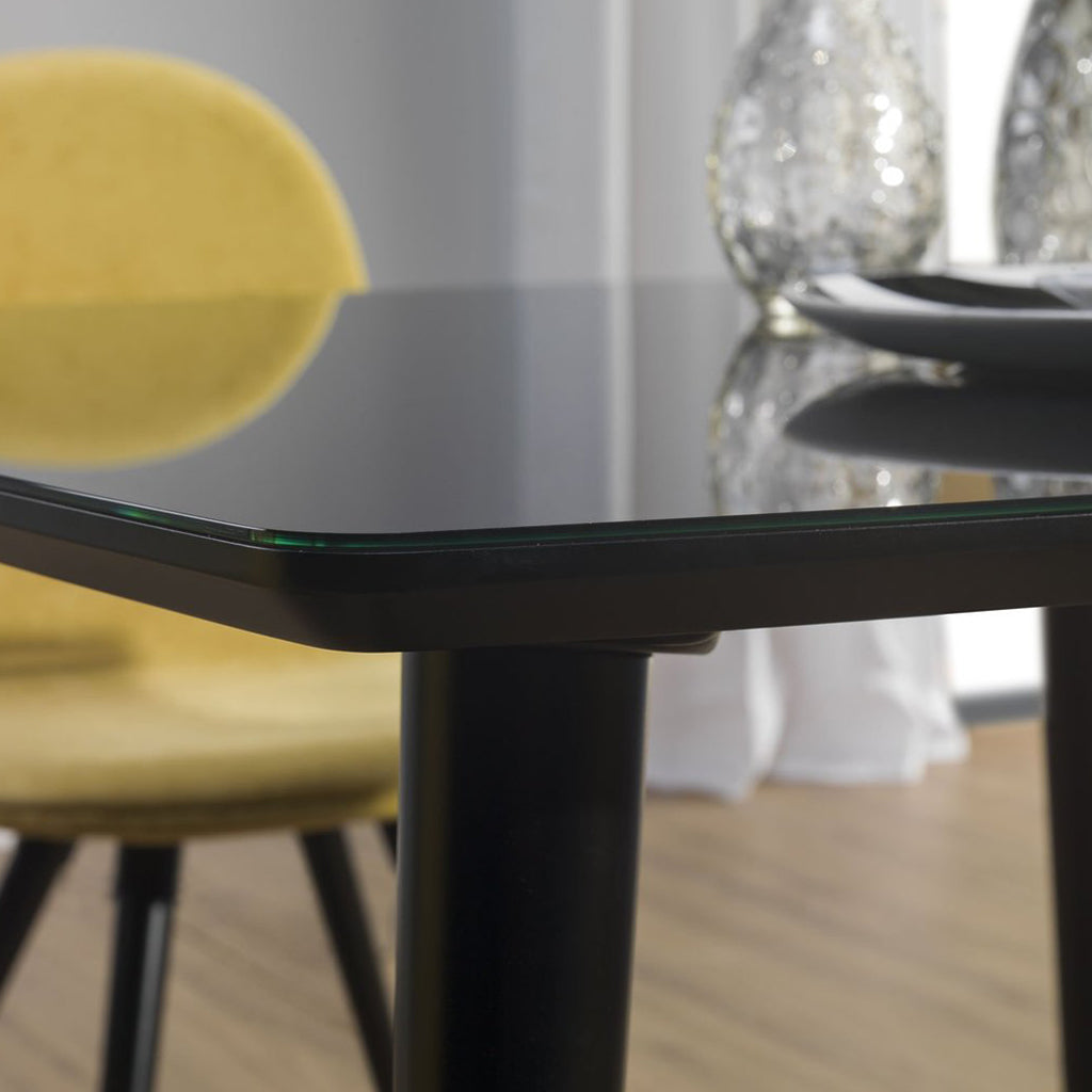 Essai | Dining Table With Rounded Corners, Rectangular, Glass & Wood, DT0005 Brand: Maxima House, Size: 47.24inW x  31.5inD x  30.3inH Weight: 61.7lb, Shape: Rectangular, Material: Top: Tempered Glass, Base: Beech Wood,  Seating Capacity: Seats 4-6 people, Color: Black