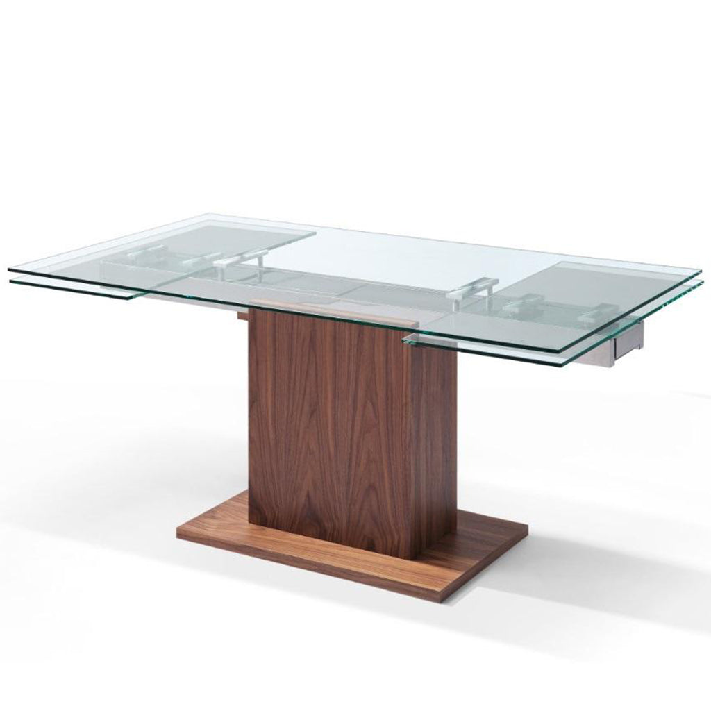 Whiteline Modern Living Pilastro | Extendable Glass Dining Table, Rectangular, 8 seater, 1/2" Tempered Clear Glass Top, Stainless Steel Frame, Walnut Veneer Base, DT1275-WLT Size: 63inW x 35inD x 30inH Extended: 95inW x 35inD x 30inH; Weight: 255lb; Shape: Rectangular Material: Top: 1/2" Tempered Clear Glass; Frame: Stainless Steel; Base: Walnut veneer  Seating Capacity: Seats 6-8 people; Color: Walnut Veneer Color