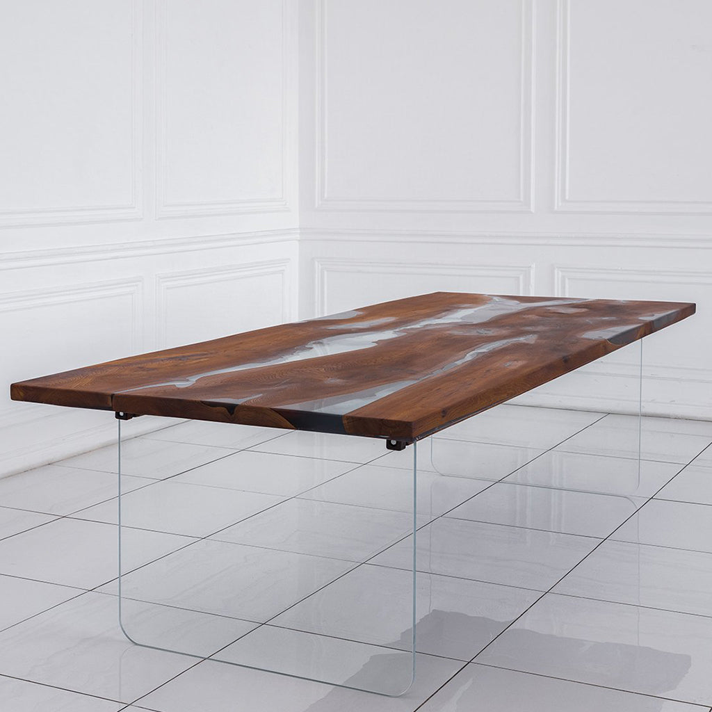 Art Pear Tree Dining Table, Rectangular, Filled With Polymer Resin, MHM009 Brand: Maxima House, Size: 104inW x  43.3inD x  29.5inH, Weight: 355lb Shape: Rectangular, Material: Top: Solid Pear Tree Wood filled with Polymer Resin Legs: Tempered Glass, Seating Capacity: Seats 8-10 people, Color: Natural Wood Color