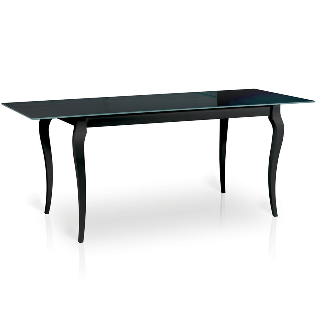 Maxima House Bresso extendable glass dining table with a black beech wood frame and sleek tempered glass top.