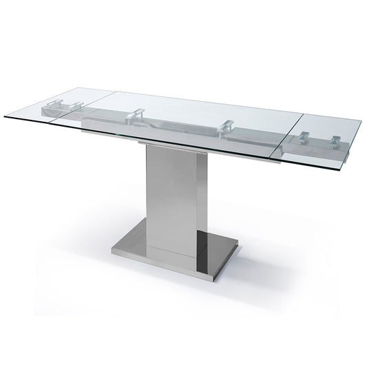 Extendable Glass Dining Room Table, Rectangular, Steel Table Base, 1/2" Tempered Clear Glass Top, DT1233 Brand: Whiteline Modern Living Size: 55inW x 35inD x 30inH; Extended: 83inW x 35inD x 30inH Weight: 266lb; Shape: Rectangular Material: Top: 1/2" Tempered Clear Glass; Base: Stainless Steel Seating Capacity: Seats 6-8 people; Color: Stainless Steel Color