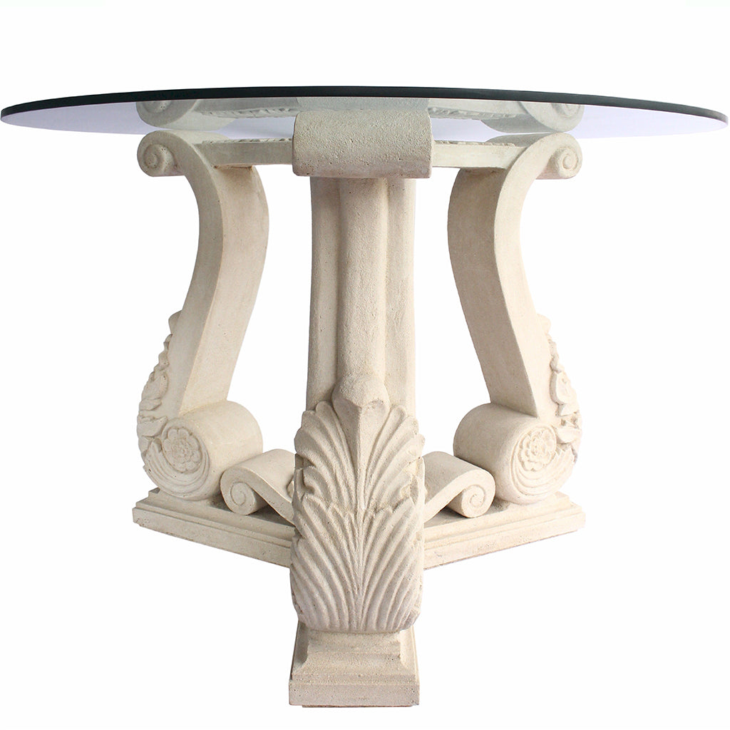 Fleur | Entryway Round Table Glass Top, Limestone Base, TB-G3529-42 Brand: Anderson Teak, Size: 42inW x 42inD x 29inH, 35inW x 35inD (Base), Weight: 150lb, Shape: Round, Material: Base: Limestone, Top: 3/8" thick glass