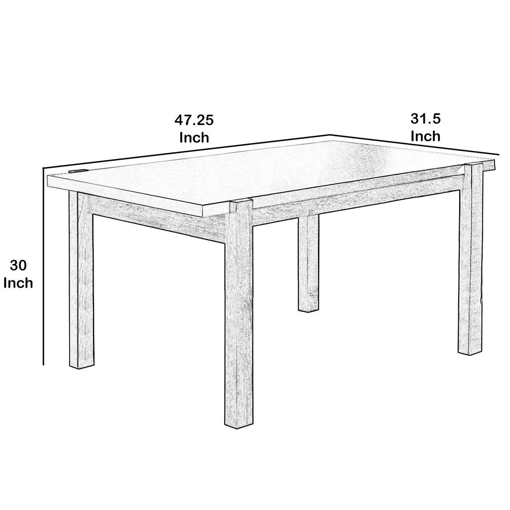 Benzara White And Brown Table, Rectangular, Wooden with Straight Legs, BM204162  Size: 47.25inW x 31.5inD x 30inH Weight: 62.35lb; Shape: Rectangular; Material: MDF, Wood and Metal Chemicals: Formaldehyde; Seating Capacity: Seats 2-4 people; Color: White and Brown