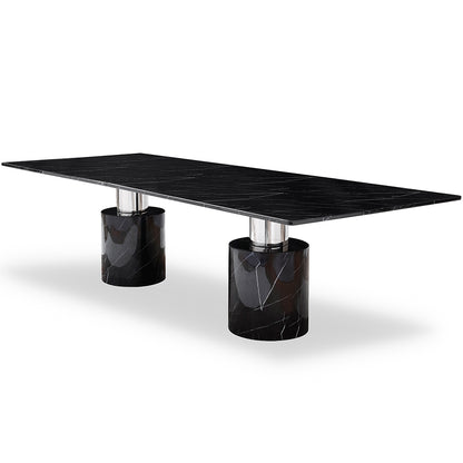 Black Marble Table, Rectangular, Black Marble Glossy Top, Polished Stainless Steel Base Brand: Whiteline Modern Living Size: 120inW x 48inD x 30inH; Weight: 982lb; Shape: Rectangular Material: Top: Black Marble; Base: Marble with Polished Stainless Steel Legs Seating Capacity: Seats 6-8 people; Color: Black, DT1640-BLK