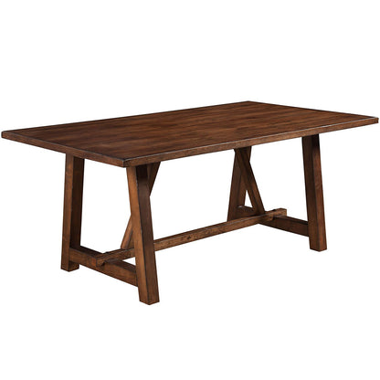 Arenda Farmhouse Dining Table, Trestle Style Table For 6, Rectangular, Rubberwood, Oak Veneer, 5672-01; Brand: Alpine Furniture; Size: 72inW x 40inD x 30inH Weight: 128lb; Shape: Rectangular; Material: Rubberwood Solids & Oak Veneer Seating Capacity: Seats 4-6 people; Color: Burnished Dark Oak