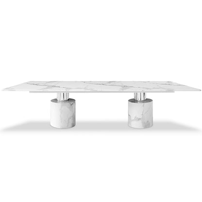 White Marble Table, Rectangular, White Marble Glossy Top, Steel Legs Brand: Whiteline Modern Living Size: 120inW x 48inD x 30inH; Weight: 982lb; Shape: Rectangular Material: Top: White Marble; Base: Marble with Polished Stainless Steel Legs Seating Capacity: Seats 6-8 people; Color: White, DT1640-WHT