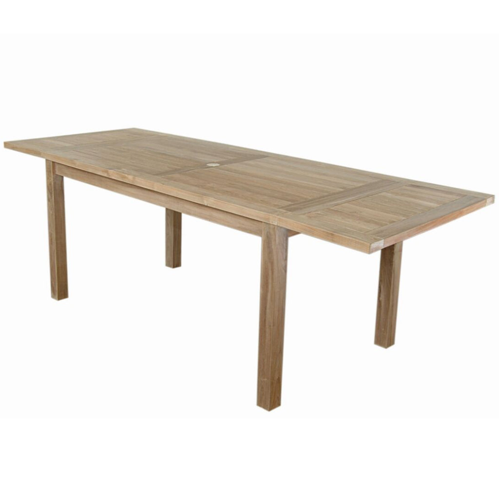 95" Double Leaf Dining Table, Rectangular, Teak Wood Brand: Anderson Teak; Size: 95inW x 36inD x 31inH Weight: 160lb; Shape: Rectangular; Material: Teak Wood Seating Capacity: Seats 8-10 people; Color: Neutral teak color; light wood, TBX-095R