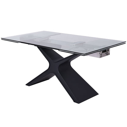 West | Modern Glass Metal Expandable Dining Table, Rectangular, X Base, DT1716-BLK Size: 63inW x 35inD x 30inH; Extended: 95inW x 35inD x 30inH Weight: 233lb; Shape: Rectangular Material: Top: 0.4in Tempered Clear Glass; Legs: Sanded Black Metal Seating Capacity: Seats 6-8 people; Color: Sanded Black Color