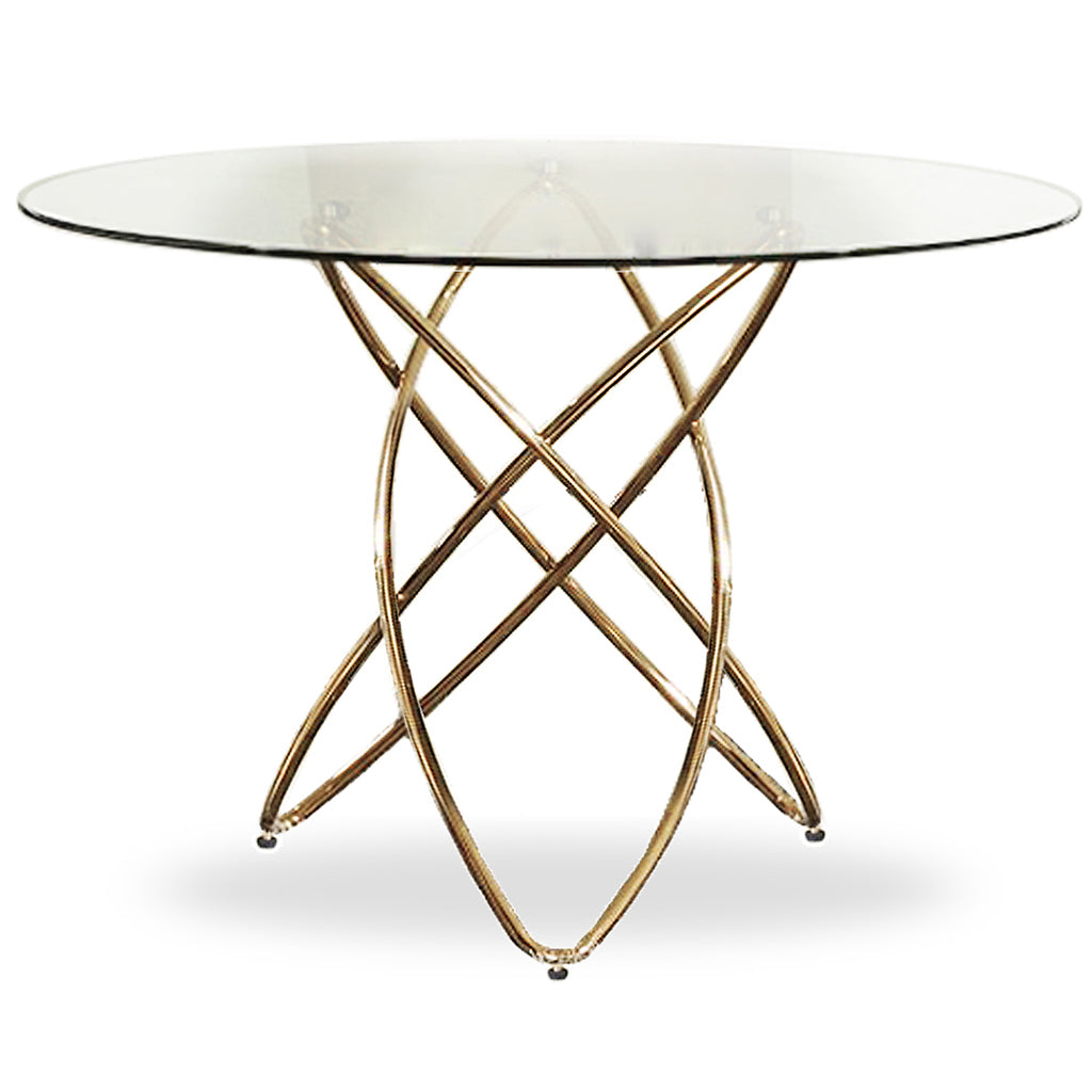 49" Round Glass Table For 4, Golden Base, Space Saving Table, 284388 Brand: Homeroots, Size: 49inW x 49inD x 30inH, Weight:  72.4lb, Shape: Round, Material: Top: Glass Top, Base: Stainless Steel, Seating Capacity: Seats 2-4 people, Color: Golden Color