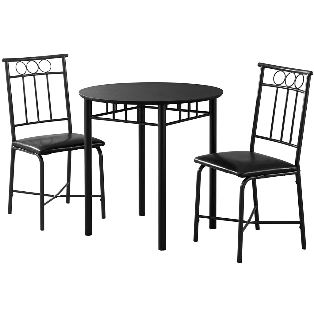 Black Compact Round Dining Set For 2, Dining Table & 2 Chairs Black Faux Leather, 332564, Brand: Homeroots, Table Size: 30inW x 30inD x 30inH, Chair Size: 17inW x 17.5inD x 35.5inH, Seat Height: 18in, Table Shape: Round, Material: Polyurethane Board & Metal Base, Faux Leather With Metal Base Chairs, Seating Capacity: Seats 2, Color: Black