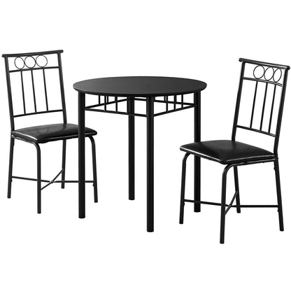 Black Compact Round Dining Set For 2, Dining Table & 2 Chairs Black Faux Leather, 332564, Brand: Homeroots, Table Size: 30inW x 30inD x 30inH, Chair Size: 17inW x 17.5inD x 35.5inH, Seat Height: 18in, Table Shape: Round, Material: Polyurethane Board & Metal Base, Faux Leather With Metal Base Chairs, Seating Capacity: Seats 2, Color: Black