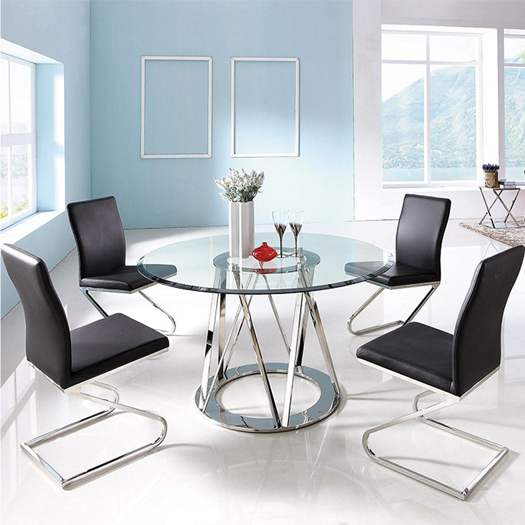 Hanover | Round Table Glass Top, Tempered Glass Beautiful Table Base, DT1468 Brand: Whiteline Modern Living; Size: 51inD x 29inH; Weight: 158lb Shape: Round; Material: Top: 1/2" Tempered Glass; Base: Polished Stainless Steel Seating Capacity: Seats 2-4 people; Color: Stainless Steel