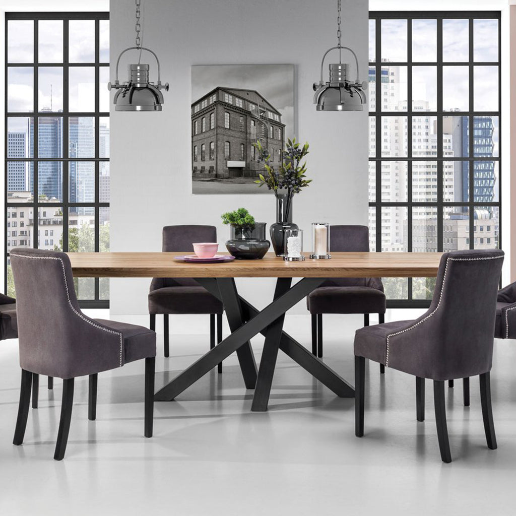 Senso | Large Solid Oak Dining Table, Rectangular, Steel Base, DT0040  Brand: Maxima House Size: 86.5inW x  39inD x  29.5inH, Weight: 225lb, Shape: Rectangular Material: Top: Solid Oak Wood, Base: Stainless Steel  Seating Capacity: Seats 6-8 people, Color: Top: Natural Wood, Base: Black