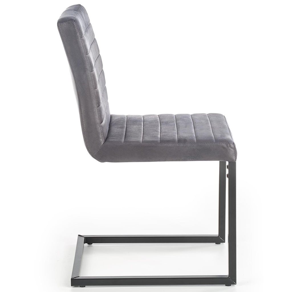 Gray leather dining chairs with powder-coated steel legs