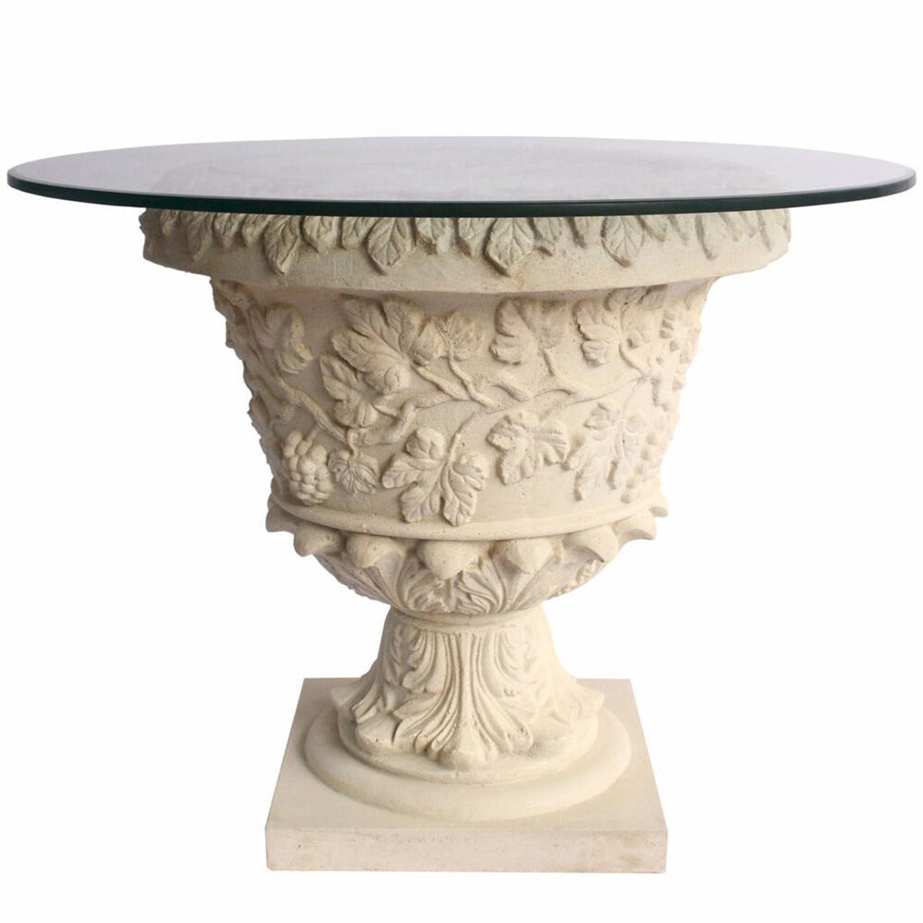 French Table Entrance Round Table, Ornate Base Glass Top, TB-G2626-36 Brand: Anderson Teak, Size: 36inW x 36inD x 26inH, 26inW x 26inD x 26inH (Base), Weight: 145lb, Shape: Round 